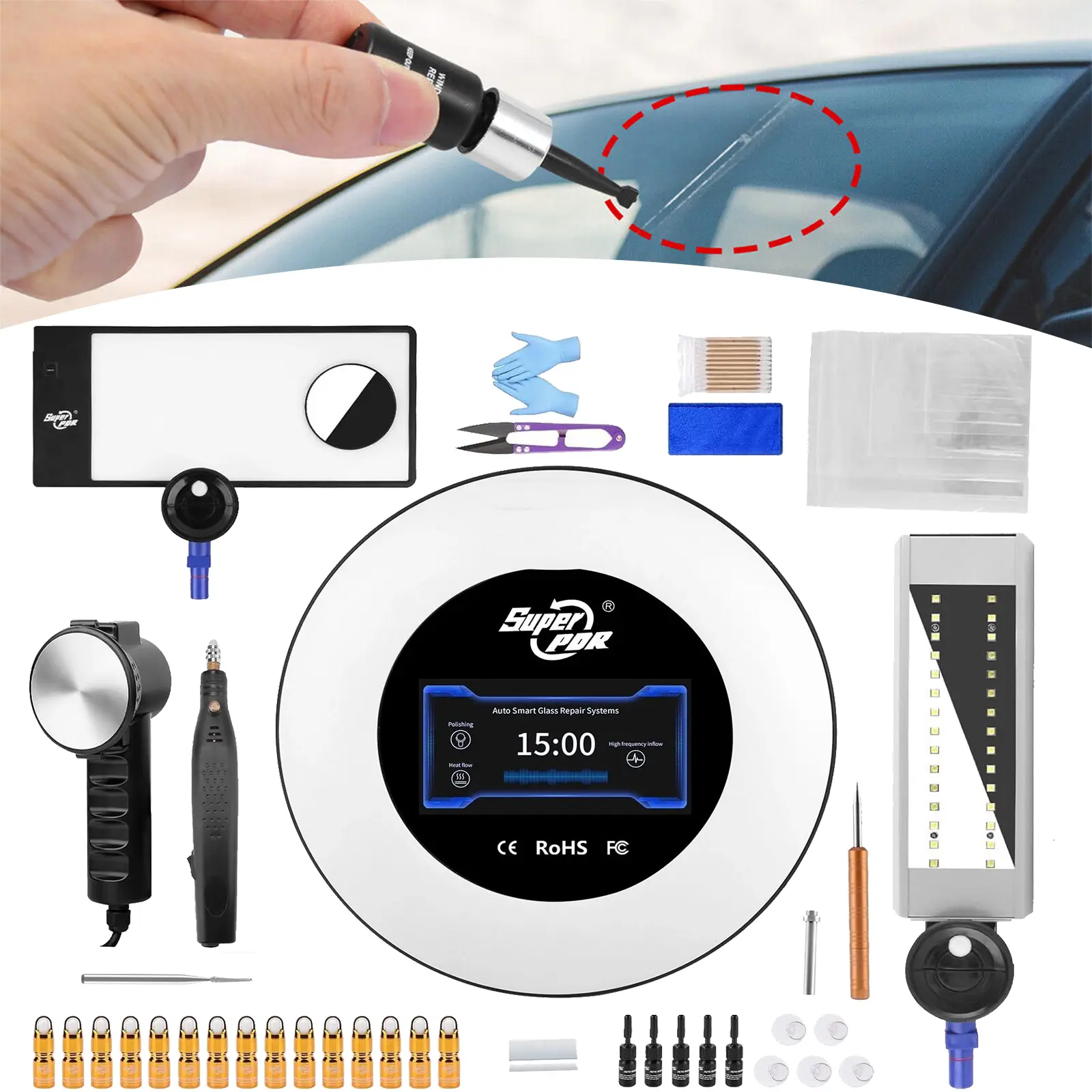 Super PDR Windshield Repair Kit, Professional UV Nano Resin Glass Crack Tool Fix for Chips Cracks Bulls-Eye, Star-Shape Damage of Automotive Car Windshield with LED Light,20 Bottles Windshield Crack Repair Fluid Complete Set
