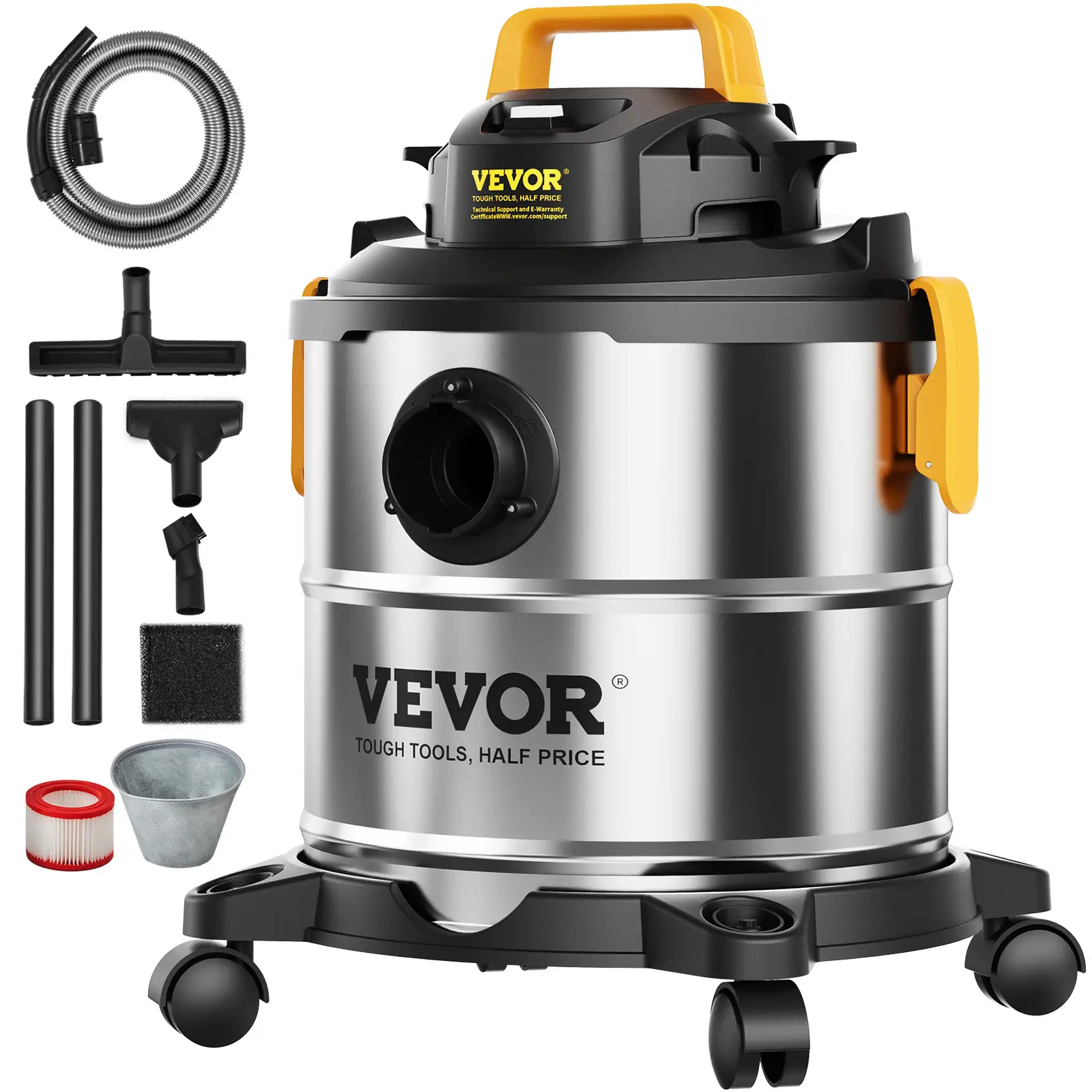 VEVOR Stainless Steel Wet Dry Shop Vacuum, 5.5 Gallon 6 Peak HP Wet/Dry Vac, Powerful Suction with Blower Function w/ Attachment 2-in-1 Crevice Nozzle