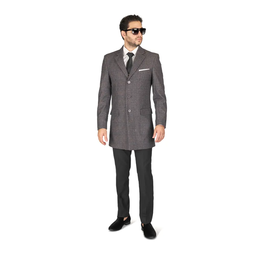 Slim Fit Wool Overcoat Charcoal Blue Plaid 3 Button Closure Classic Notched Lapel Top Trench Long Walker Pea Coat Single Breast