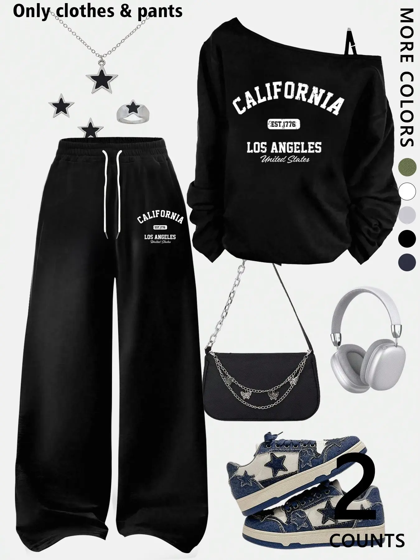 A teenage girl's/women off-shoulder top, wide-leg casual trousers, Pants, a loose-fitting, oversized casual long-sleeved top with a Graphic letter print paired with loose-fitting drawstring trousers, soft, and versatile, clothes, Womenswear