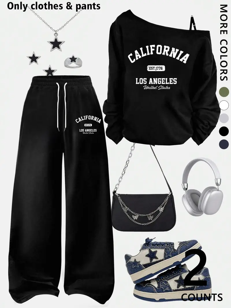 A teenage girl's off-shoulder top and wide-leg casual trousers; a loose-fitting, oversized casual long-sleeved top with a letter print paired with loose-fitting drawstring trousers; soft, suitable for women, and versatile.