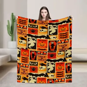 Halloween Ghost & Spider Knit Blanket, Skull Print, Plaid Pattern Decor, Festival Theme, All Seasons, Soft Polyester, Perfect Gift