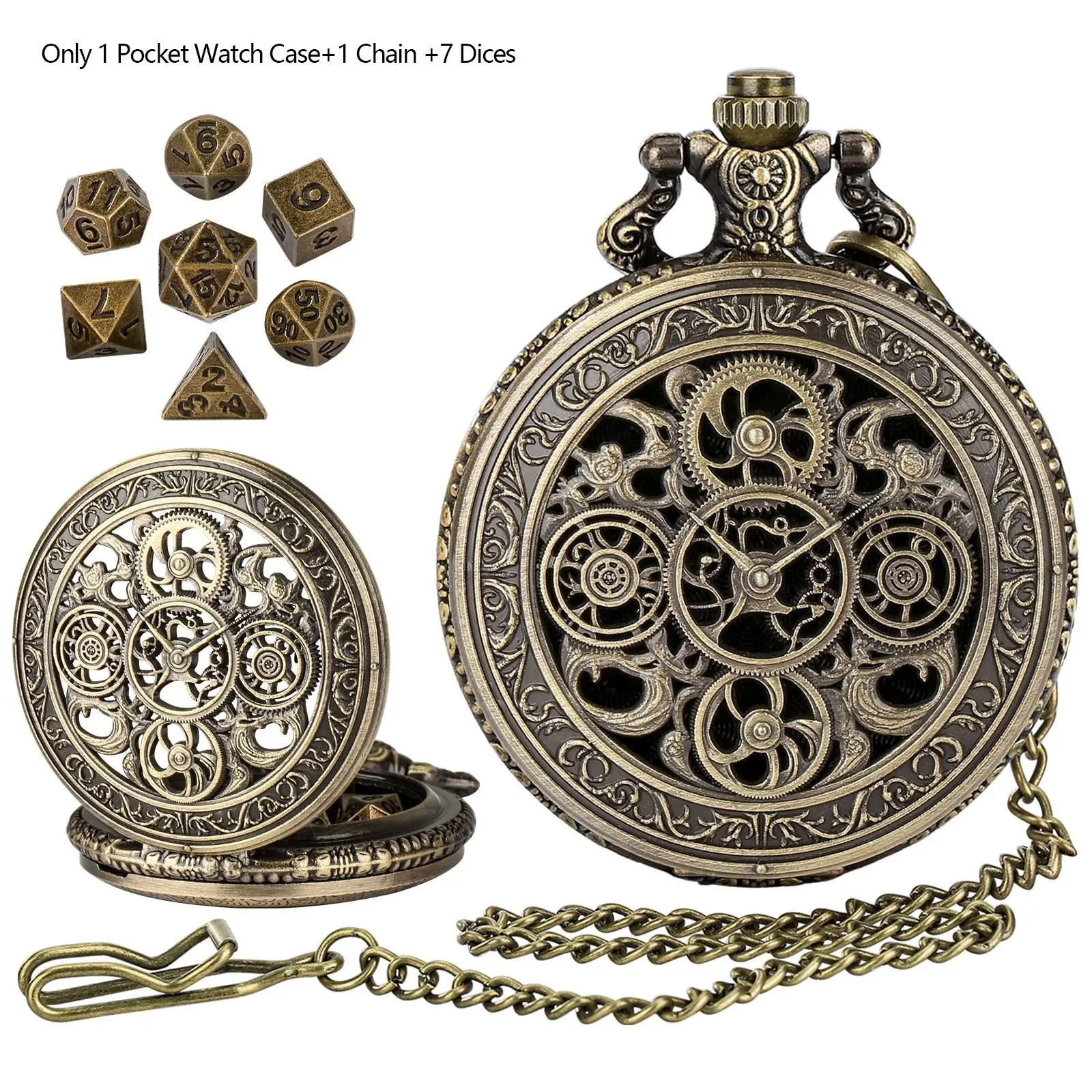 Steampunk Hollow Dial Gear Pattern Mechanical Pocket Watch Case with Pendant Chain, Indoor Tabletop Entertainment Role-Playing Game Accessories Dices, Gift to RPG Gaming Lover