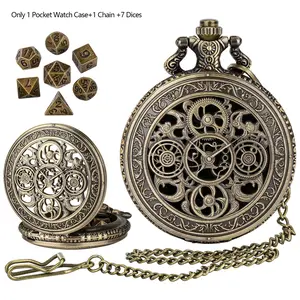 Steampunk Hollow Gear Pattern Mechanical Pocket Watch Case with Pendant Chain, Indoor Tabletop Entertainment Role-Playing Game Accessories Dices, Gift to RPG Gaming Lover