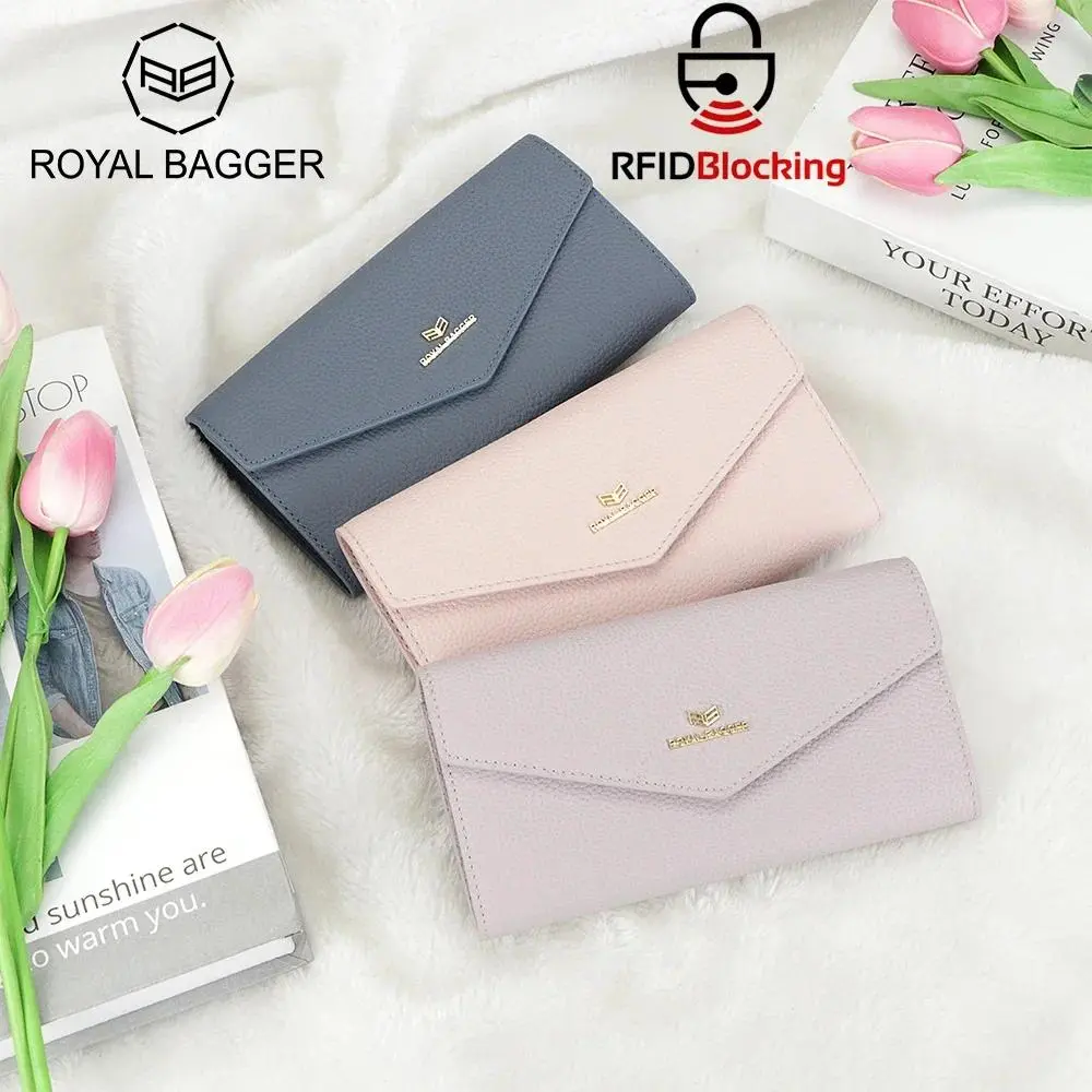 Royal Bagger Genuine Leather Long Purse for Women, Sleek Envelope Clutch with Multi-Slot Card Holder, Rfid Shielded Wallet, Wallets