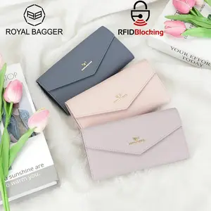 Royal Bagger Envelop Long Wallet - RFID Blocking Simple Solid Color Multi-card Slots Card Holder Genuine Leather Purse 2480