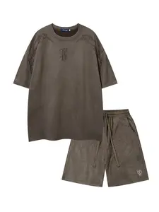 Summer New Design Heavy Embroidery Short Sleeve Graphic T-Shirt Set, Men's Trendy Casual Sports Natural Five-Quarter Shorts Two-Piece Set Menswear