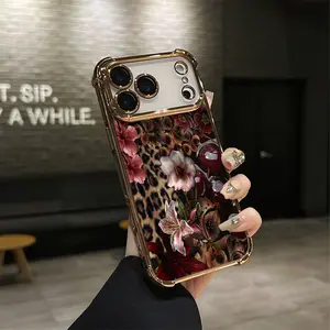 Leopard print lily cherry Pattern Four-corner Drop-proof TPU Phone Case for iPhone 17 Air iPhone 16 Pro Max 15 14 13 12 11 Plus Shockproof Full Camera Protection Durable Slim Silicone Case