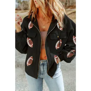 Black Sequined Football Pattern Pocketed Zipper Hooded Jacket