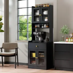 Kitchen Pantry Hutch Storage Cabinet, Freestanding Buffet Sideboard with Microwave Stand, 191cm×49cm×15.2cm, Space-Saving Organizer with Cabinets, Drawer & Open Compartment