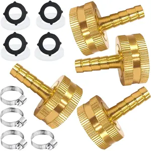 AOPANDA 3/8" Barb x 3/4 Female GHT Thread Solid Brass Water Hose End Repair Connector 4PCS, Includes Stainless Steel Clamps and gaskets,House/Power Wash/Irrigation