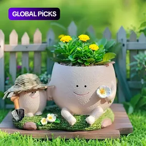 Aesthetic Smiley Face Head Planter | Cute Straw Hat & Chair Resin Succulent Decorative Pot | Whimsical Indoor Room Decor & Spring Garden Accessories | Unique Plant Mom Gift