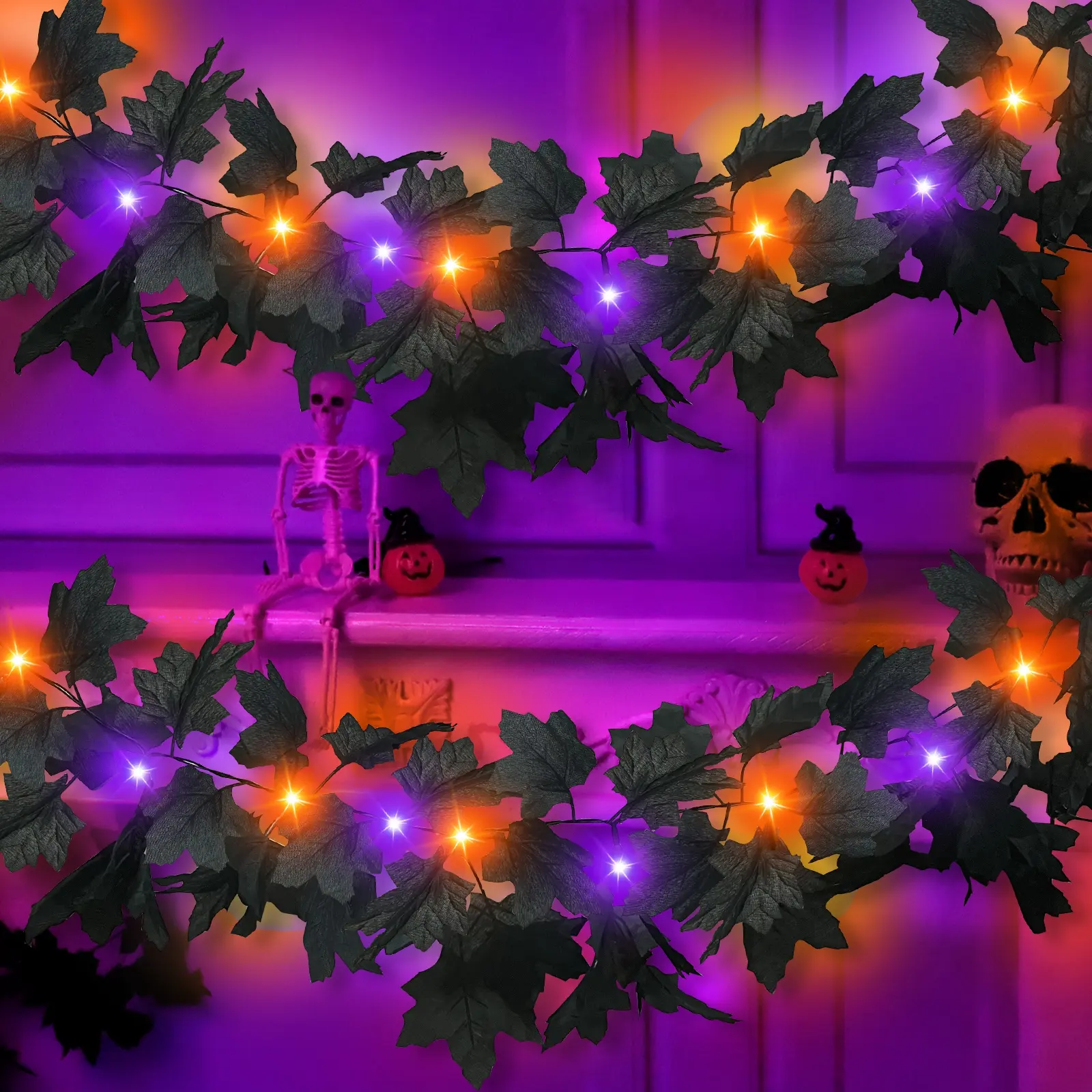 Timer & Thicker - 2 Pack Halloween Black Maples Leaf Garland with Purple & Orange Lights, Total 13FT 40LED Halloween Decorations Artificial Black Garland for Home Indoor Mantle Fireplace Table