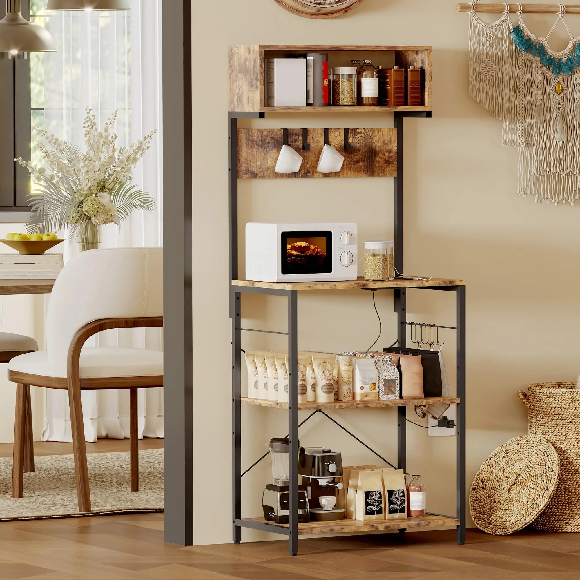 Garvee - Kitchen Bakers Rack with Power Outlet, Microwave Stand, 4-Tier Coffee Station, Kitchen Storage Shelf with 10 S-Hooks, Rack
