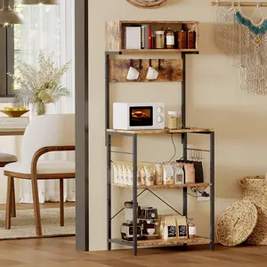 Garvee - Kitchen Bakers Rack with Power Outlet, Microwave Stand, 4-Tier Coffee Station, Kitchen Storage Shelf with 10 S-Shaped Hooks, Shelf
