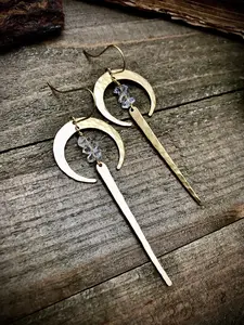 Herkimer Diamond Crescent Gold Brass Earrings