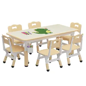 Kids Table and 6 Chairs Set with Storage Box, Height Adjustable Toddler Table and Chair Set for Ages 2-10, Graffiti Desktop, Non-Slip Legs, Children Activity Table for Daycare Classroom Home