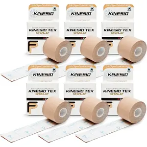 Kinesio Kinesiology Tape, 2" x 16.4 ft Rolls, Box of 6 - Beige Tape Tex Gold FP Athletic Tape, Fingerprint Technology, Pain & Joint Relief, Mouth Tape