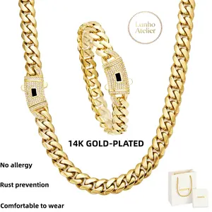 [Set] 14K Gold-Plated Cuban-Style Necklace and Bracelet, featuring new rust-proof technology—scratch-resistant, fade-resistant, and waterproof. Unisex, available in 6/8/10/12/14 mm sizes, suitable for casual, business, and social occasions.