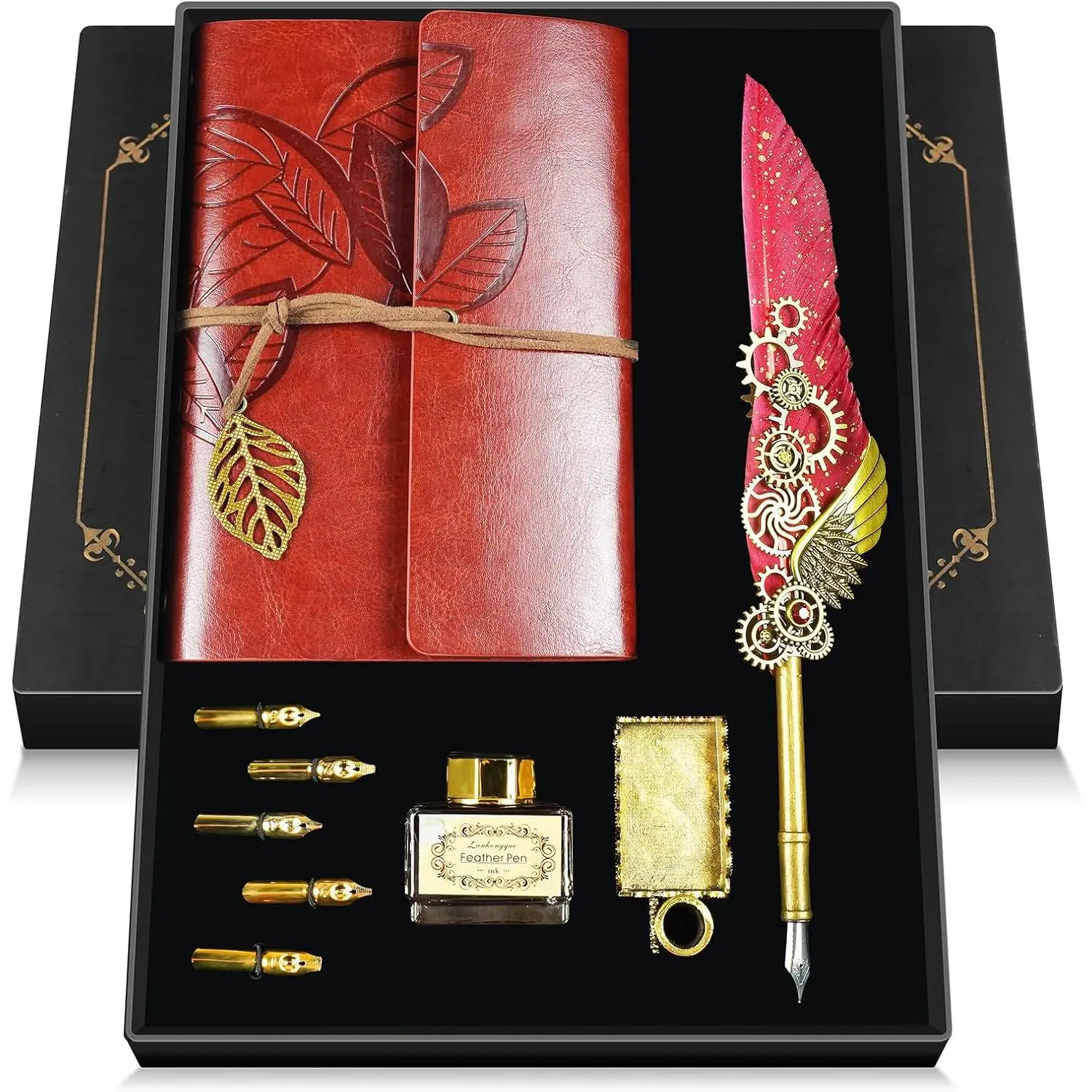 Quill Pen and Ink Set,Antique Calligraphy Set with Leather Journal Notebook, Pen,5  Nibs,Pen Holder,Ink,Calligraphy Kits for Beginners Christmas