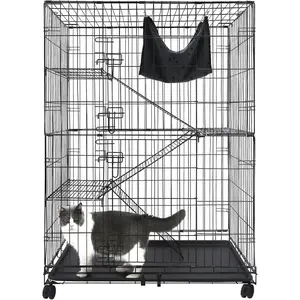 50 Inch Cat Cages Indoor, Large 4-Tier Cat Crates for Indoor Cats, Collapsible Metal Wire Cat Kennel Big Multi-Level Cat Cage for Adult Cats Kitten Kitty with Hammock, Ramp, 360° Wheels