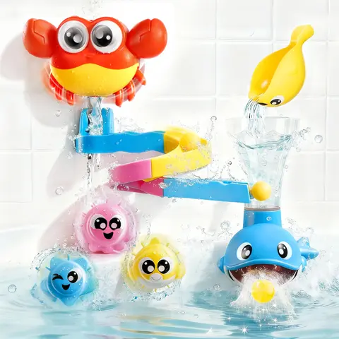 lalalark Bath Toys for Kids, 7-in-1 Shower Bathtub Toy with Crab, Whale, Rotating Fish & Slide Track, Interactive Water Play Set with Pour & Spray Fun for Toddlers, Boys & Girls Gifts for Christmas