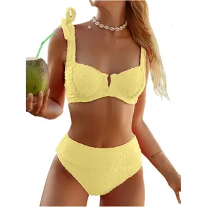 Women's Yellow Embossed Floral High Waist Bikini Set, Tie Strap V Bar Bathing Suit for Beach,Tie Shoulder V Notch 2 Piece Swimwear for Summer Vacation