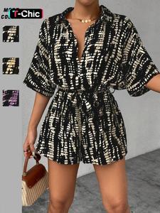 women's abstract print tie waist woven romper, casual short sleeve v neck jumpsuit for summer, fashion women's clothes for daily wear