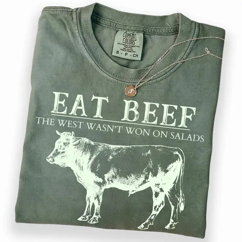 Comfort Colors Eat Beef Vintage Cowboy T-Shirt, Funny Western Rancher Cattle Graphic Tee, BBQ Meat Lover Retro Farm Style Shirt, Unisex Gift Tee