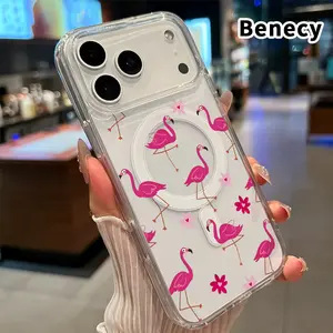 Magnetic Case for iPhone 17 16  Pro Max Plus 15 14 13 12 11 Air E Flamingo Floral Fantasy  Printed Acrylic Hard Back Soft Silicone Edge Water-resistant Smartphone Cover