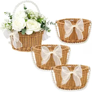 Flower Girl Basket Set of 4 - Small Wicker Rattan Baskets with Pearl Handle & Bow for Rustic Weddings, Easter Basket, or