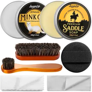 Leather Boot Care Kit, 7-in-1 Saddle Soap & Mink Oil for Leather Cleaning & Polish with 2 Horsehair Brush, Polishing Cloth, Microfiber Cloth, Leather Clean
