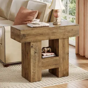 TRIBEWOOD Narrow End Table, Farmhouse Sofa Side Table with 2-Tier Storage Shelf and Heavy Duty Base for Living Room
