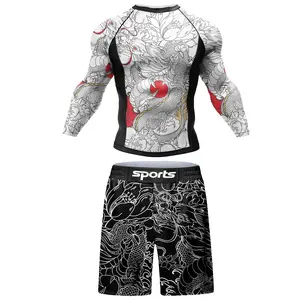 Men's 2-Piece MMA Athletic Apparel Set - Rashguard + Stretchy Grappling Shorts for Jiu-Jitsu, BJJ No Gi, Gym Training