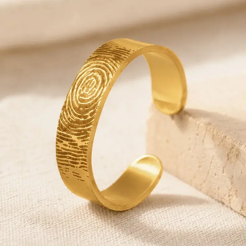Custom Fingerprint Ring Stainless Steel Personalized Open Ring Gold Silver Adjustable Jewelry Gift for Women and Man