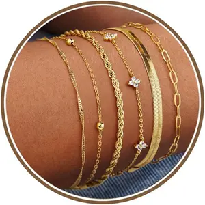 Women's 14 Karat Gold Plated Dainty Stackable Bracelets Set - Herringbone, Paperclip, Rope, Cuban Chains - Simple Trendy Fashion Costume Jewelry Gift for Women, Bracelets For Women