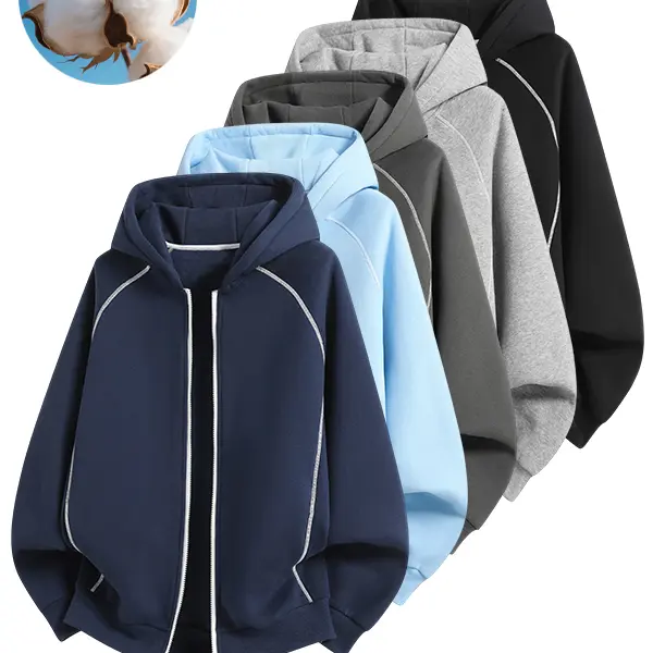 Men Women Full Zip Hooded Sweatshirt, Stitch Line Detail Streetwear Hoodie Jacket, Casual Long Sleeve Loose Fit Outerwear For Daily Wear