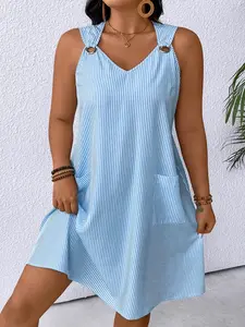 Plus Size Women's Strapless Dress, Loose Fit Slimming Concealing, Casual Striped Pattern, Suitable for All Body Types