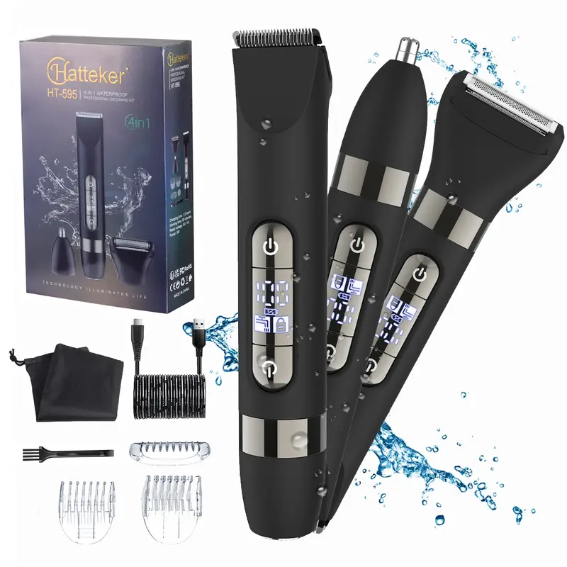 Hatteker 4-in-1 Cordless Battery-Powered Hair Trimmer - IPX7 Rated Waterproof Dual Heads, Easy-Remove ABS Cleansing, LED Display, Facial Hair Removal Tool, Wet/Dry Razor, Mens Gifts for Him (With Box)