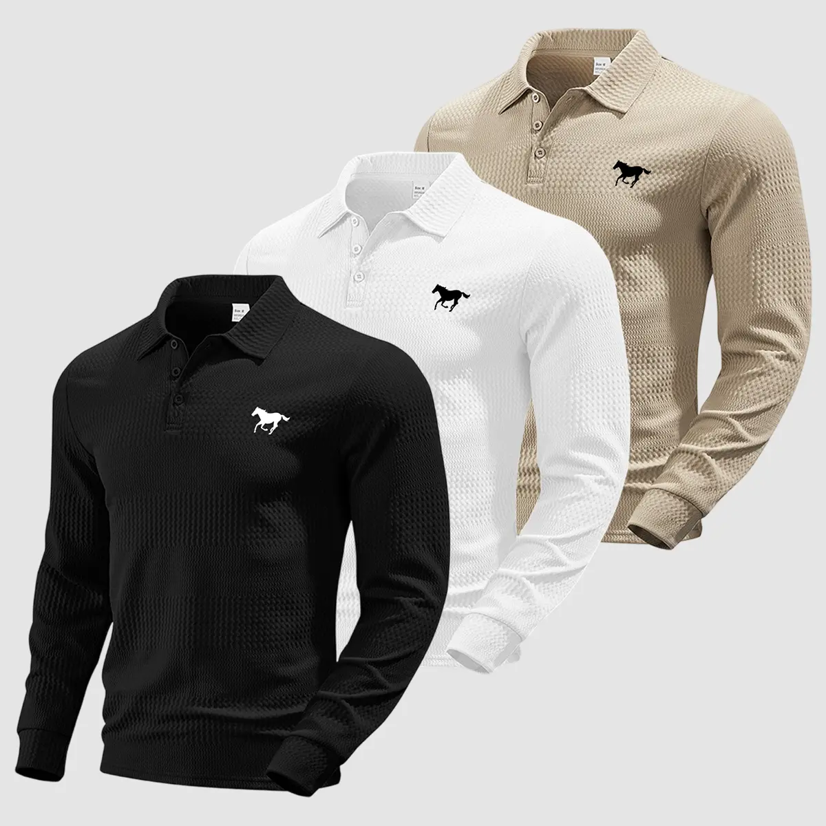 Men’s autumn fashion top featuring textured fabric for an outdoor casual look, solid color turn-down collar, single-button front, long sleeves, polo shirt style.,back to school,back to school shopping