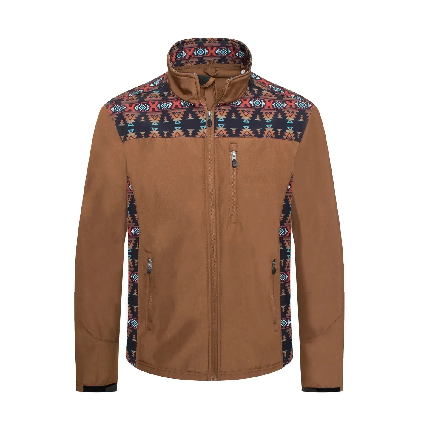Men's Soft Shell Jacket Bonded With Western Aztec Print Cognac Rust