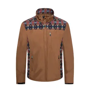 Men's Soft Shell Jacket Bonded With Western Aztec Print Cognac Rust