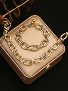 1Set Stainless Steel Double Color Oval Necklace Bracelet Set For Women Hip-Hop Punk Smooth Fried Dough Twists Neck Chain Jewelry Gift