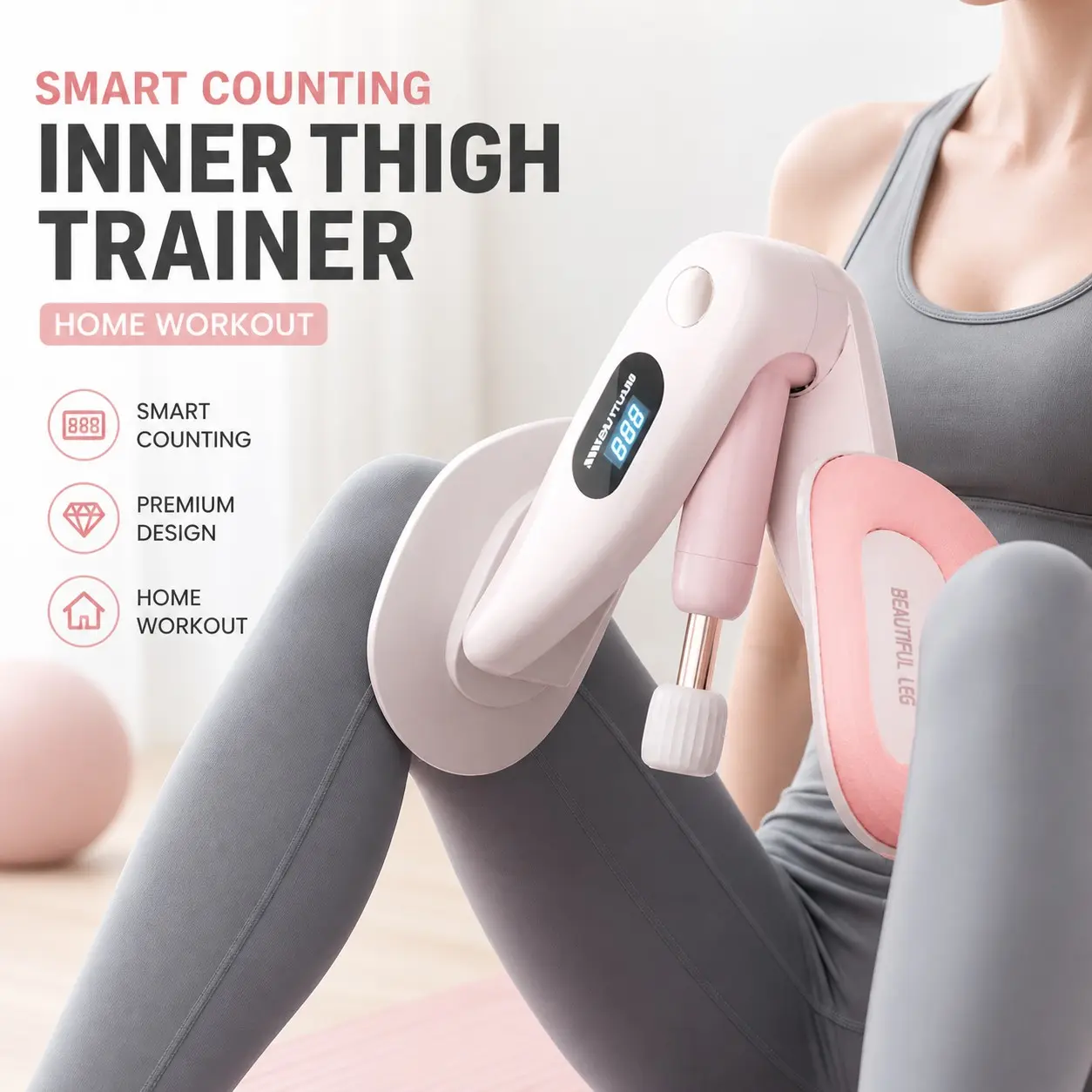 Smart Counting Inner Thigh Trainer, Adjustable Resistance Muscle Leg Exerciser for Women, 360° Rotating Soft Cushion Pads Hip Trainer, Compact Home Workout Fitness Equipment, Counting/Standard, Pink/Blue, 1PC