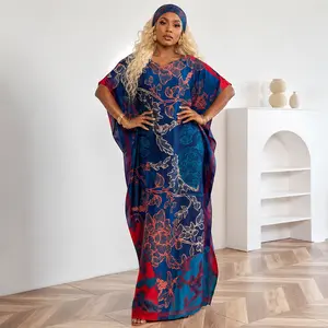 【MOOMOO】Women's fashion printed long dress set, paired with a matching Mumu skirt and silk scarf headband. Made of lightweight knitted fabric suitable for all seasons, perfect for home wear and beach sun protection.
