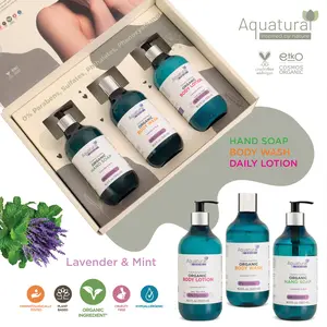 Aquatural Organic Three Piece Gift Set Lavender & Mint Body Wash Lotion & Hand Soap 16.9 FL Oz Eco Certified Natural Skincare Routine