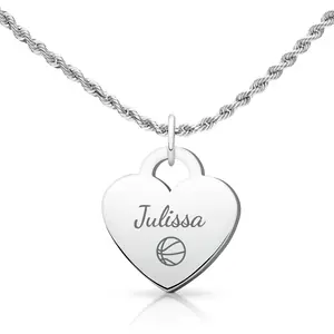 Personalized Basketball Necklace - Silver Rope Heart Pendant 24mm x 22mm Custom Name 18-20 Inch Chain Hypoallergenic 316L Stainless Steel Gift
