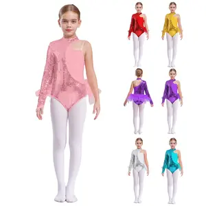 easyforever Kids Girls Performance Leotard with Sequins Asymmetrical Sleeve Mock Neck And Feather Skirted Tulle Costume
