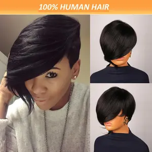 Fashion New Hot [Pixie Cut Wig] 10" Human Hair Wig for Women - Glueless Pixie Cut |   Straight Black Hair with Long Bangs, Full Machine Made, 180% Density, Rose Net Cap, Perfect for Everyday Style, Everyday Wig Wear |   Sleek Pixie Cut |   Realistic Hairl