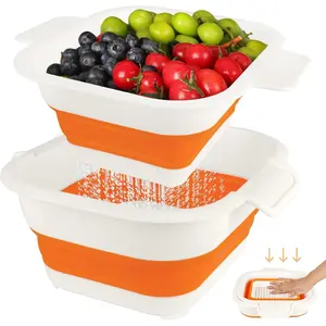 Collapsible Colander Set with Strainer Bowl, 2 in 1 Fruit Washing Basket with Strainer, 5 + 3 QT Plastic Colander for Kitchen, Foldable Double Layered Colanders Bowl for Berry, Vegetable, Orange